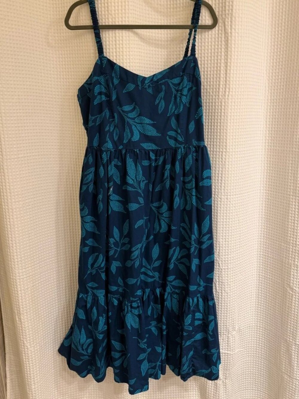 Navy Blue Teal Leaf-Print Midi Dress